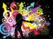 28453_black_silhouetted_woman_dancing_over_a_funky_grunge_background_of_colorful_circles_music_notes_and_arrows_on_black